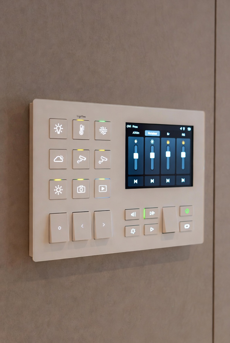 Modern smart home control panel with automated lighting and climate systems